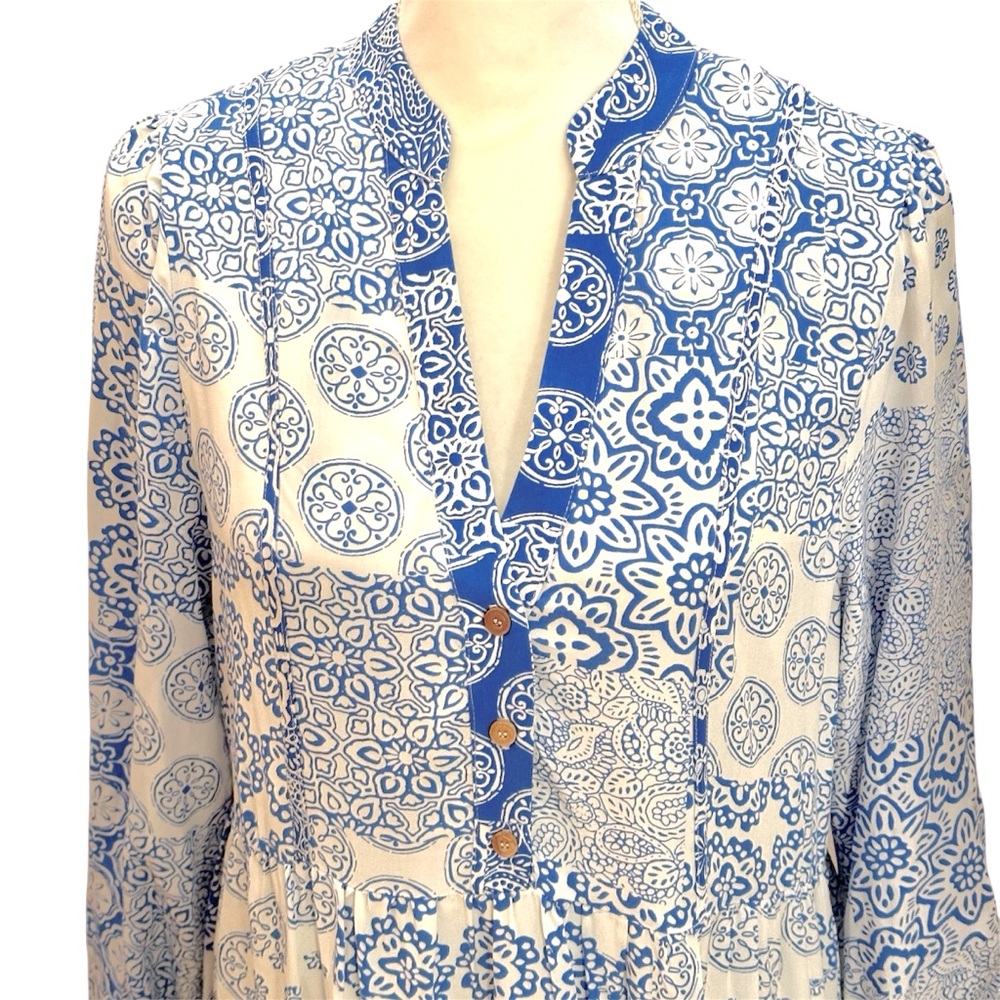 Zara Blue & White Patchwork Print Tiered Maxi Dress, size M